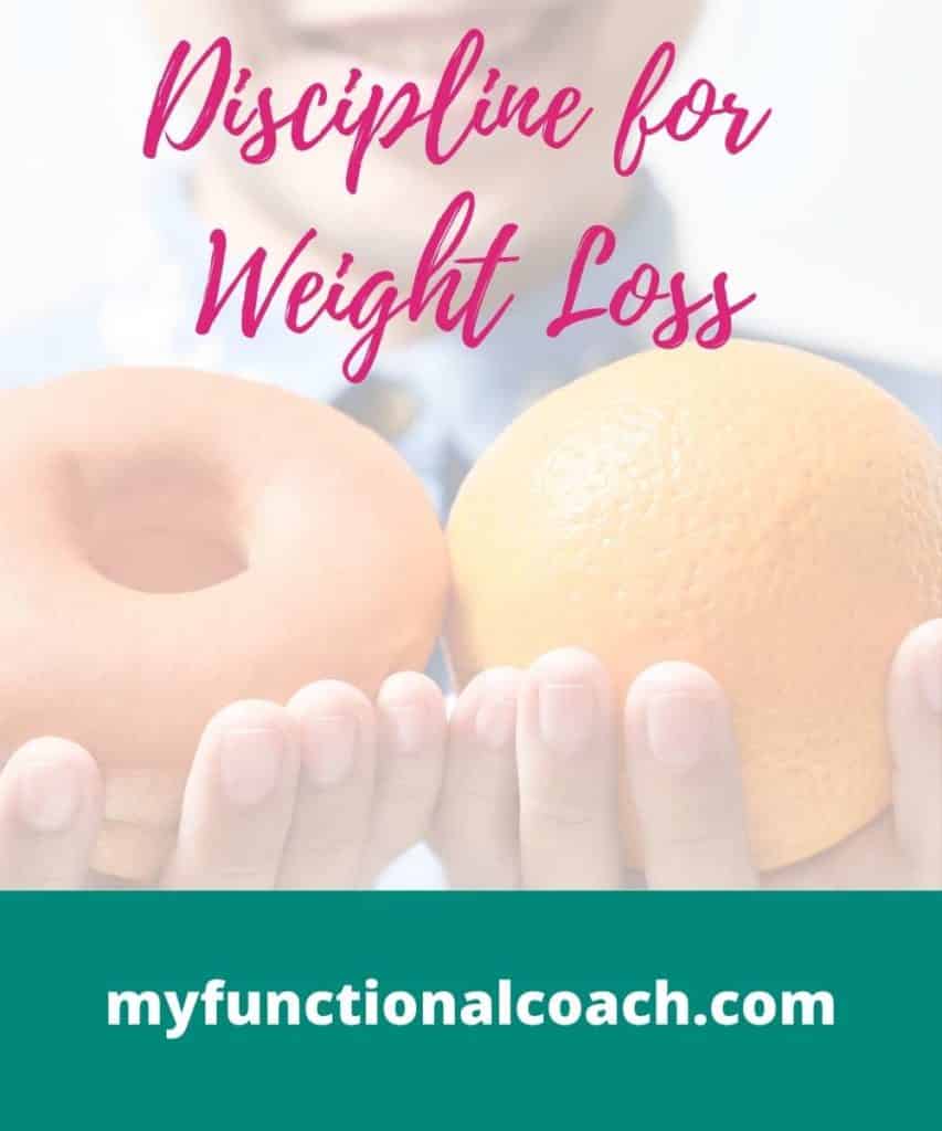 Discipline for weight Loss. Holding the choice of an orange or a donut.