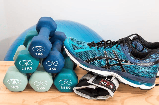 dumbbells, shoes, sneakers, exercise